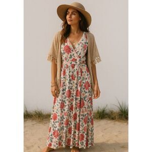 Roxy Women's White Floral Short Sleeve V-Neck Long Maxi Wrap Dress 12 Beachy